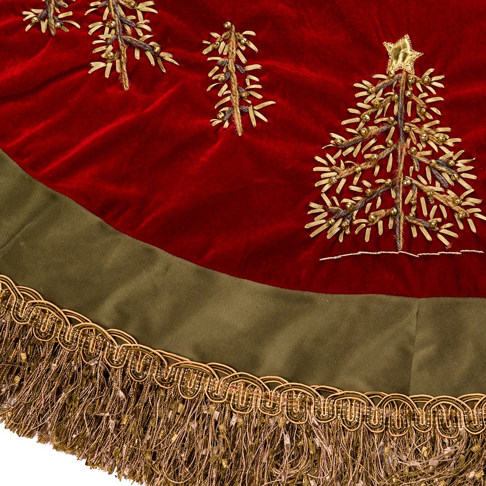 Kurt Adler 50-Inch Burgundy Ribbon Trees Tree skirt with Green Tassel Border
