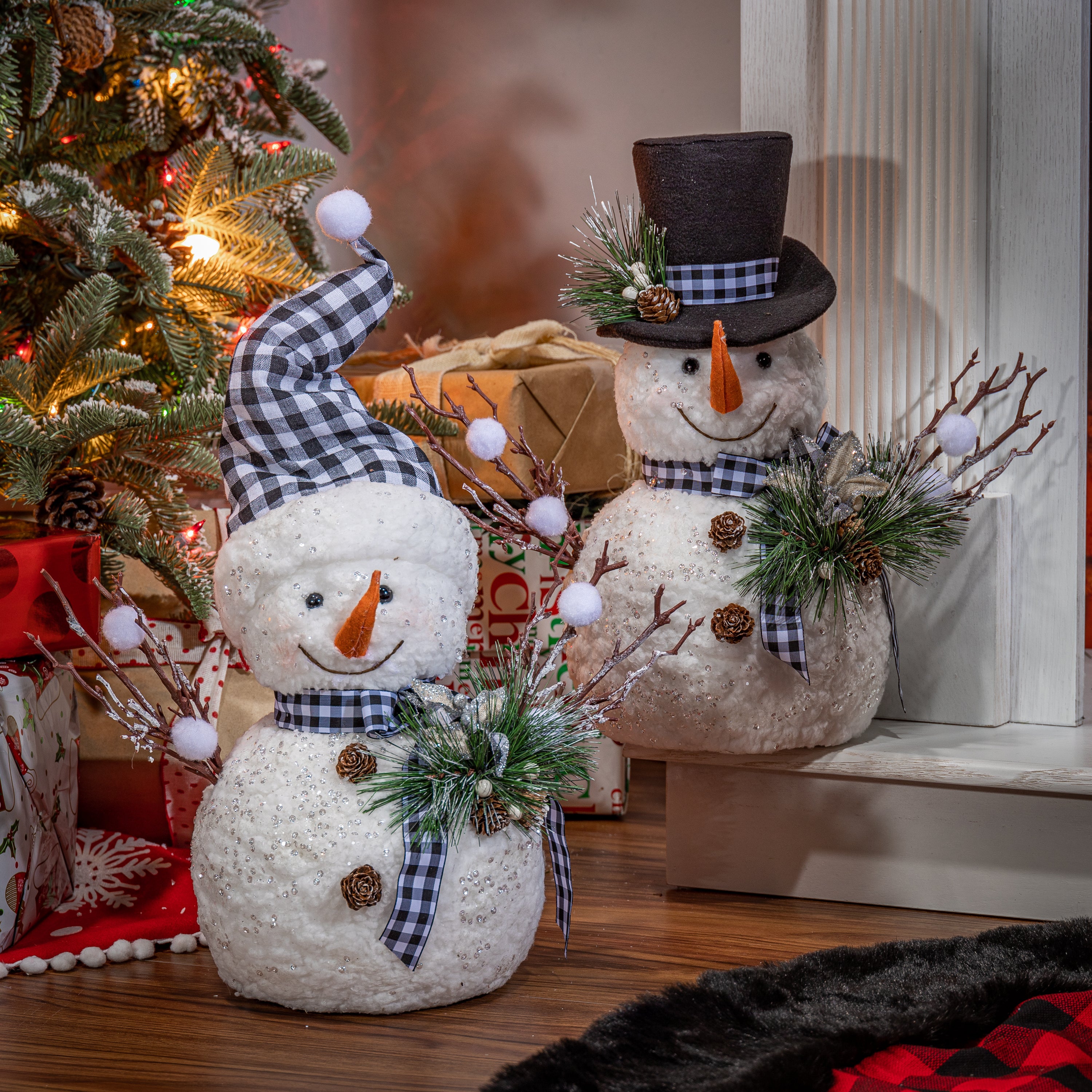 Set of 2 18"H Holiday Snowman with Pine & Fabric Bow
