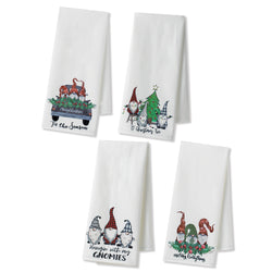 Set of 4 White and Red Christmas Holiday Gnome Decor Tea Towel