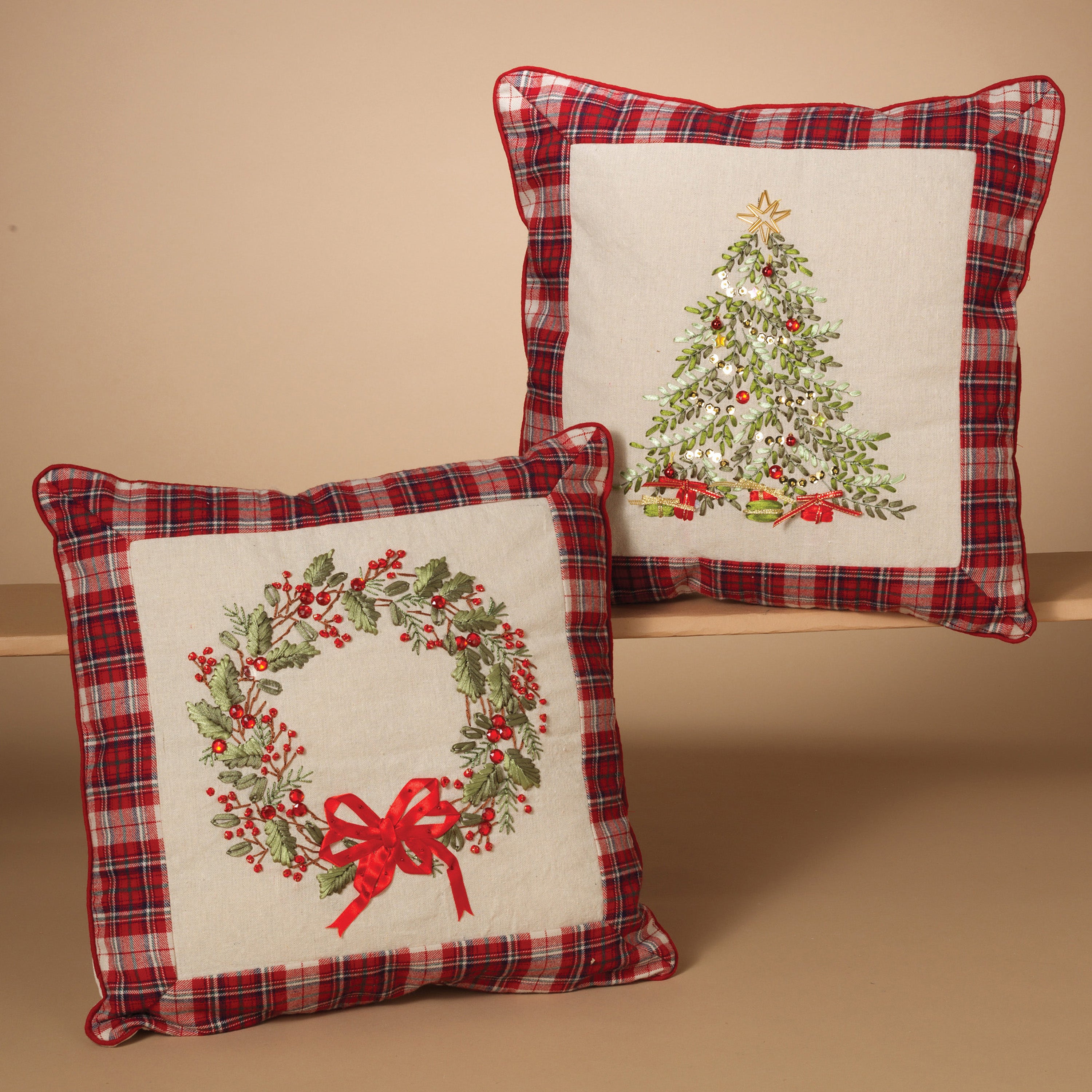 Set of 2 Holiday Wreath and Christmas Tree Throw Pillows Decor