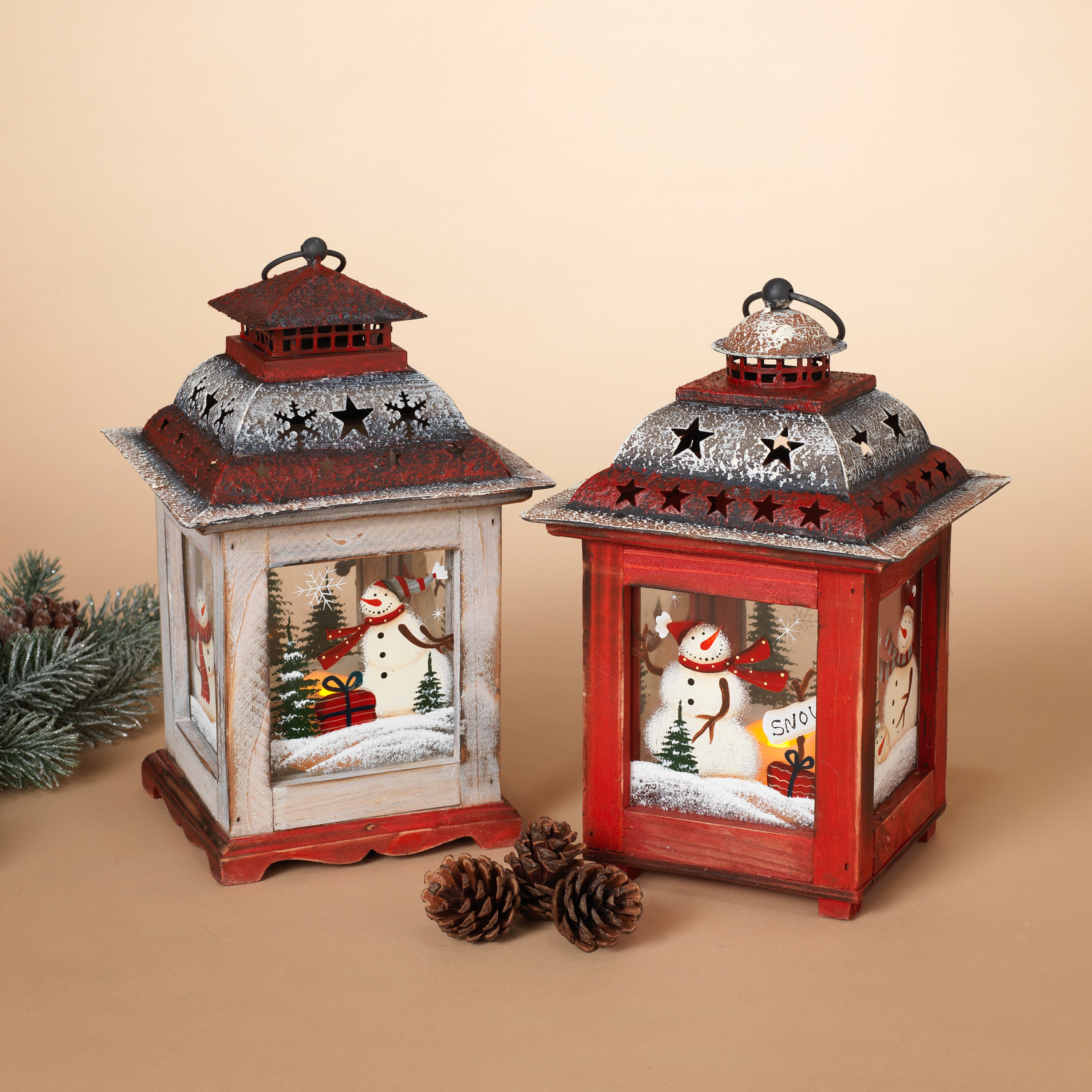 Set of 2 Rustic Farmhouse Christmas Holiday Snowmen Lanterns