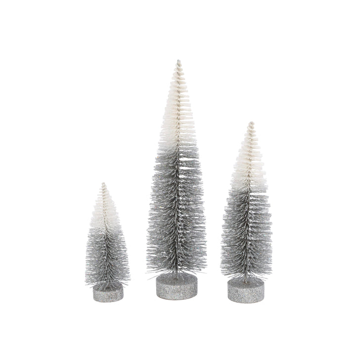 S/3 Grey to White Ombre Bottle Brush Trees, Lg is 16-in H, med is 12-in H, Sm is 8-in H