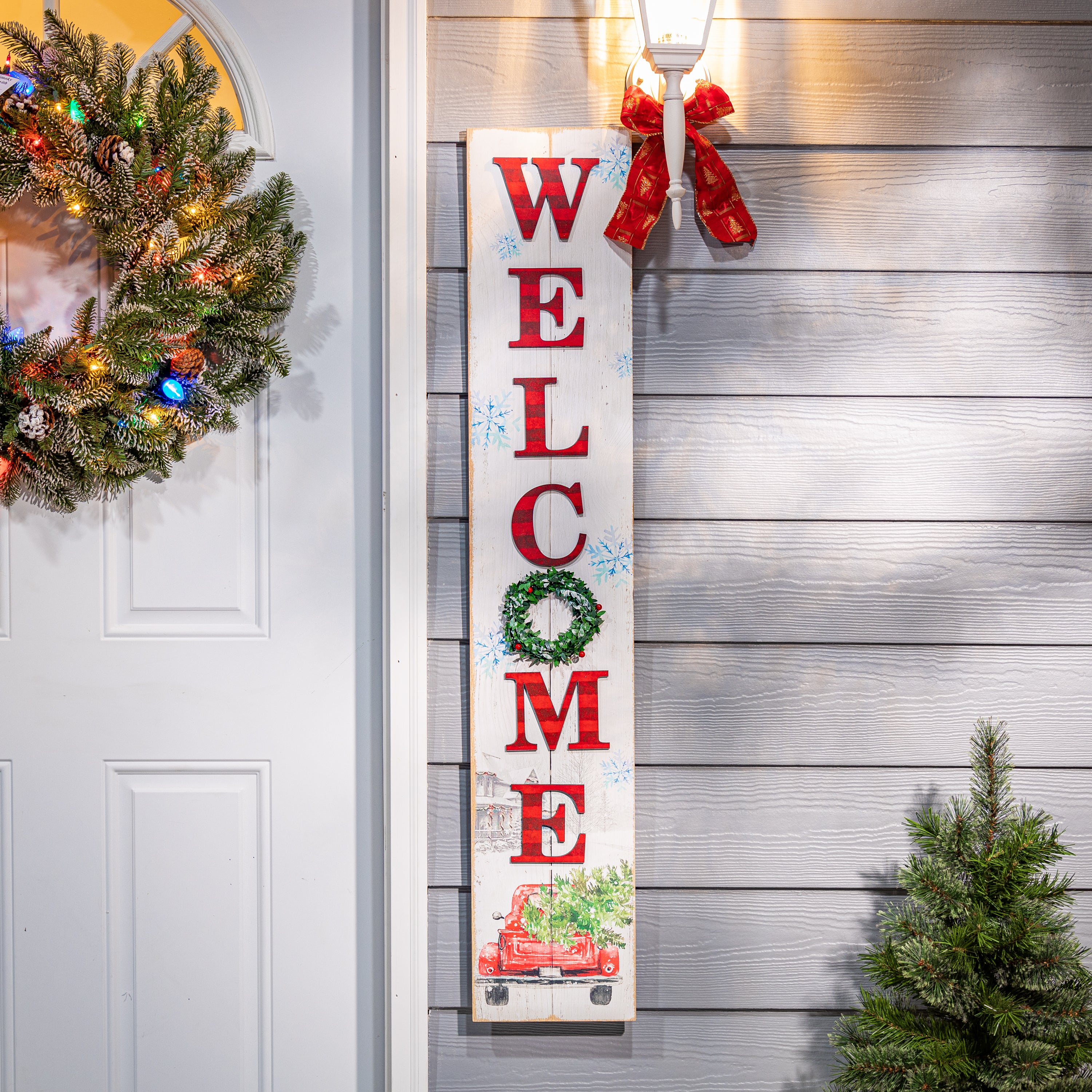 Christmas Holiday Porch Sign with Red Antique Truck and Wreath