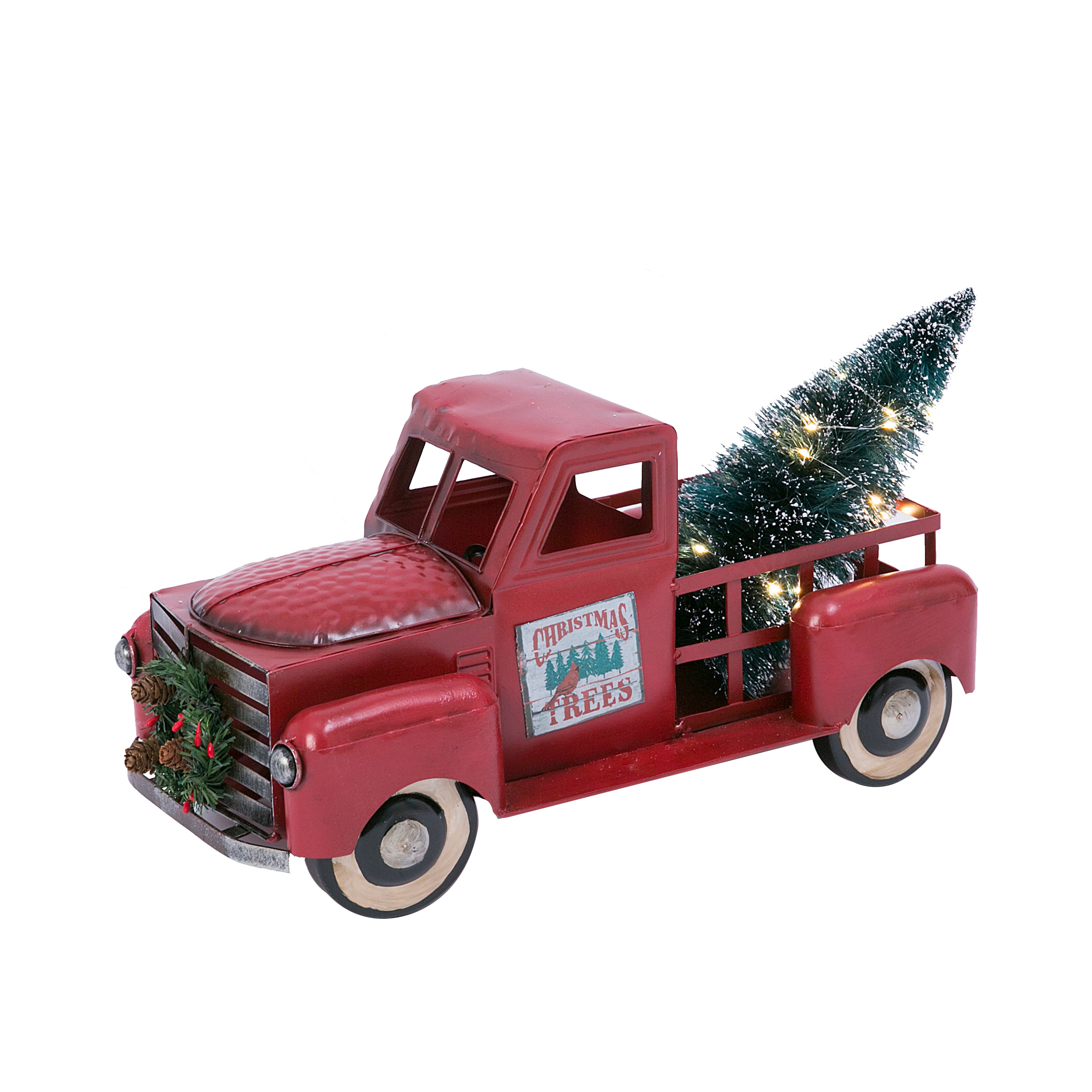 Vintage Red Metal Truck with Lighted Christmas Tree, Decor