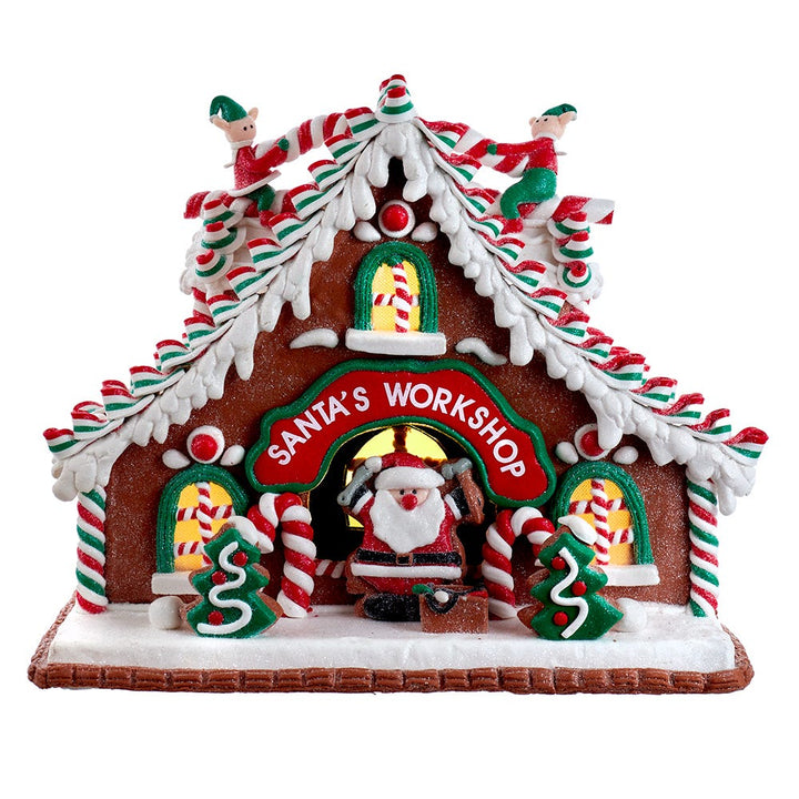 Kurt Adler 10.5-Inch Battery-Operated Light Up Santa's Workshop Gingerbread House