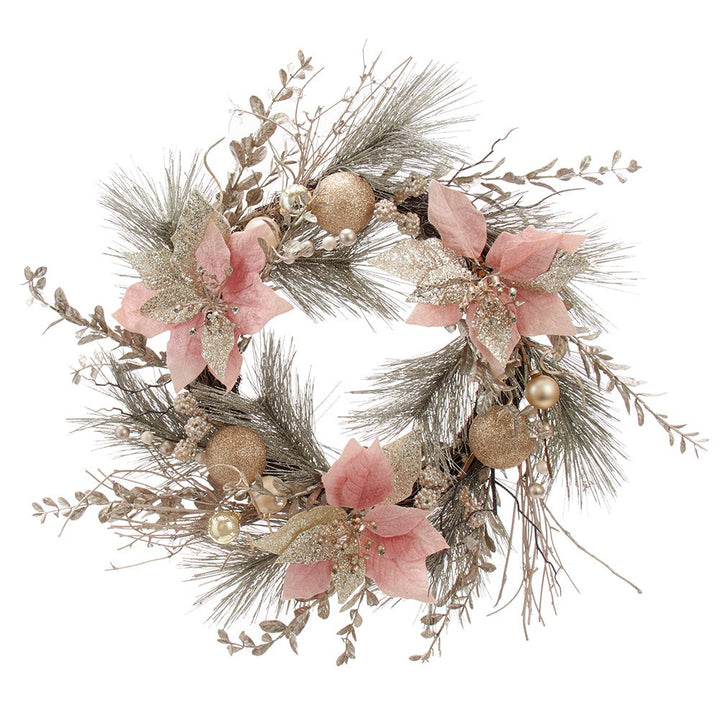 Kurt Adler 20-Inch Champagne and Gold Wreath with Pink Poinsettias and Ornaments