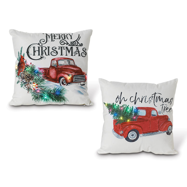 Set of 2 Lighted Christmas Holiday Throw Pillows with Timer