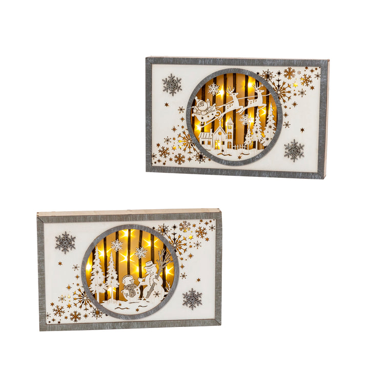 Set of 2 11-in Battery- Operated Lighted Laser Cut Wood Holiday Scene Wall Decor