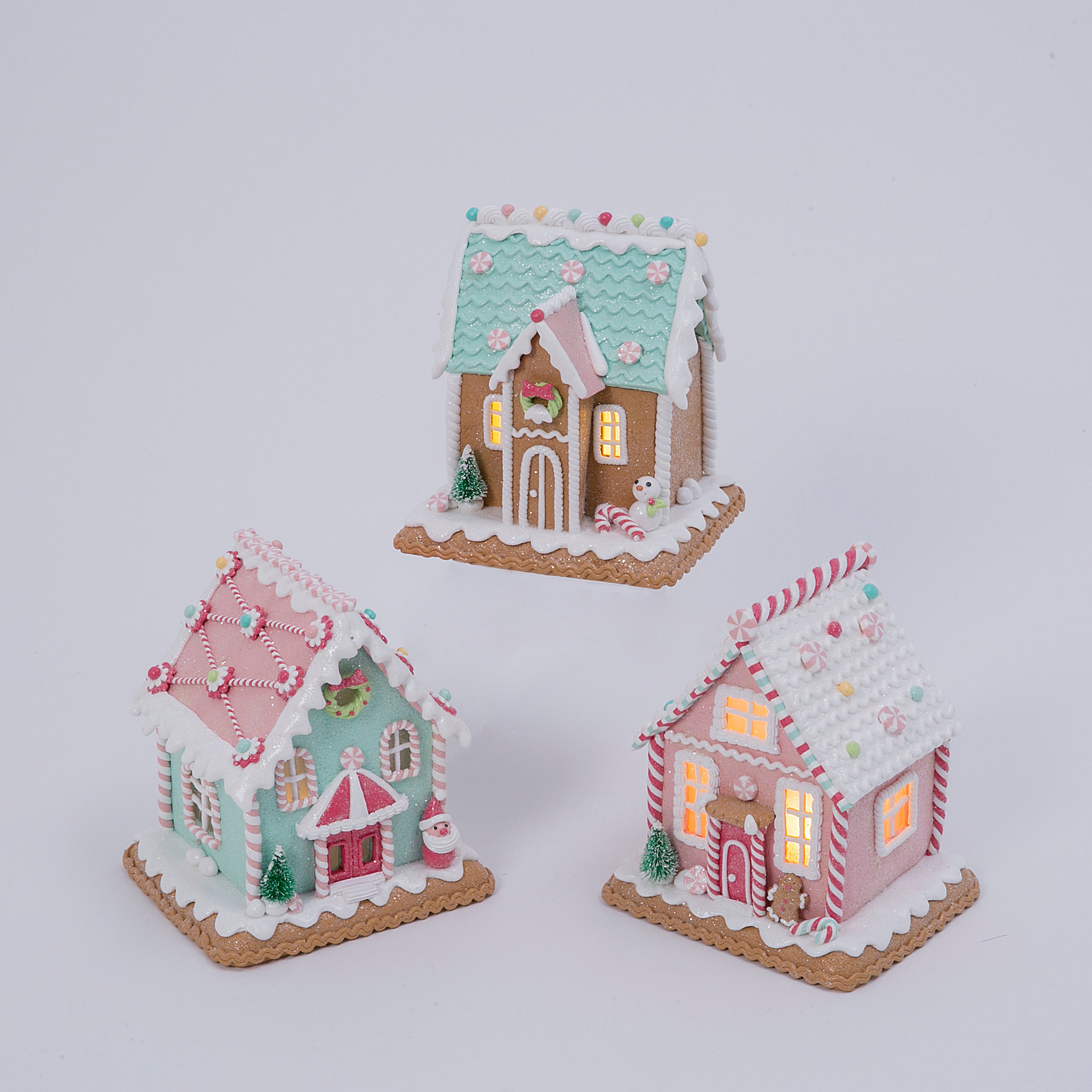 Set of 3 Lighted Pastel Gingerbread Houses