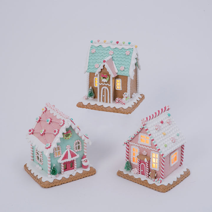Set of 3 Lighted Pastel Gingerbread Houses