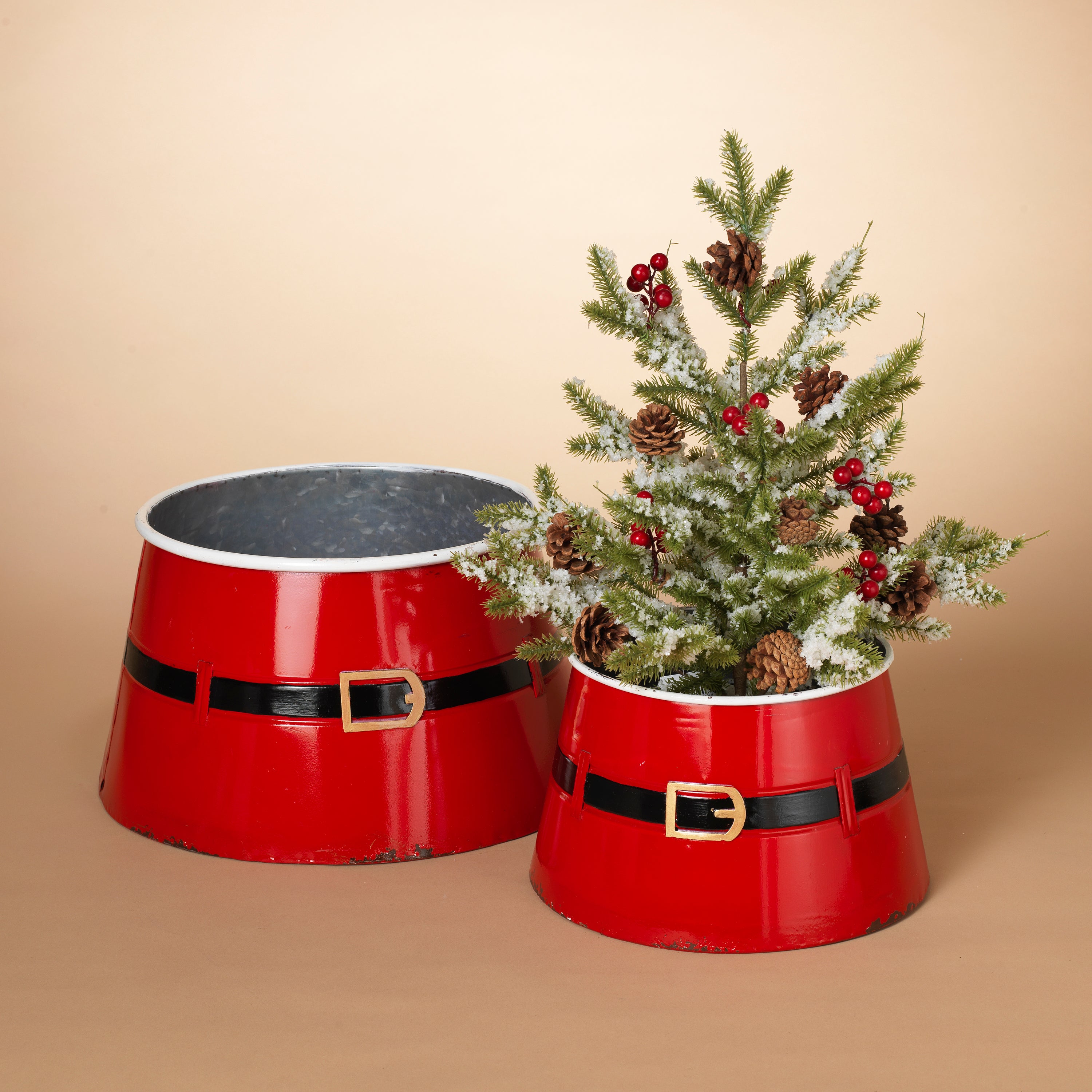 Set of 2 nesting metal Santa belt mini tree collars