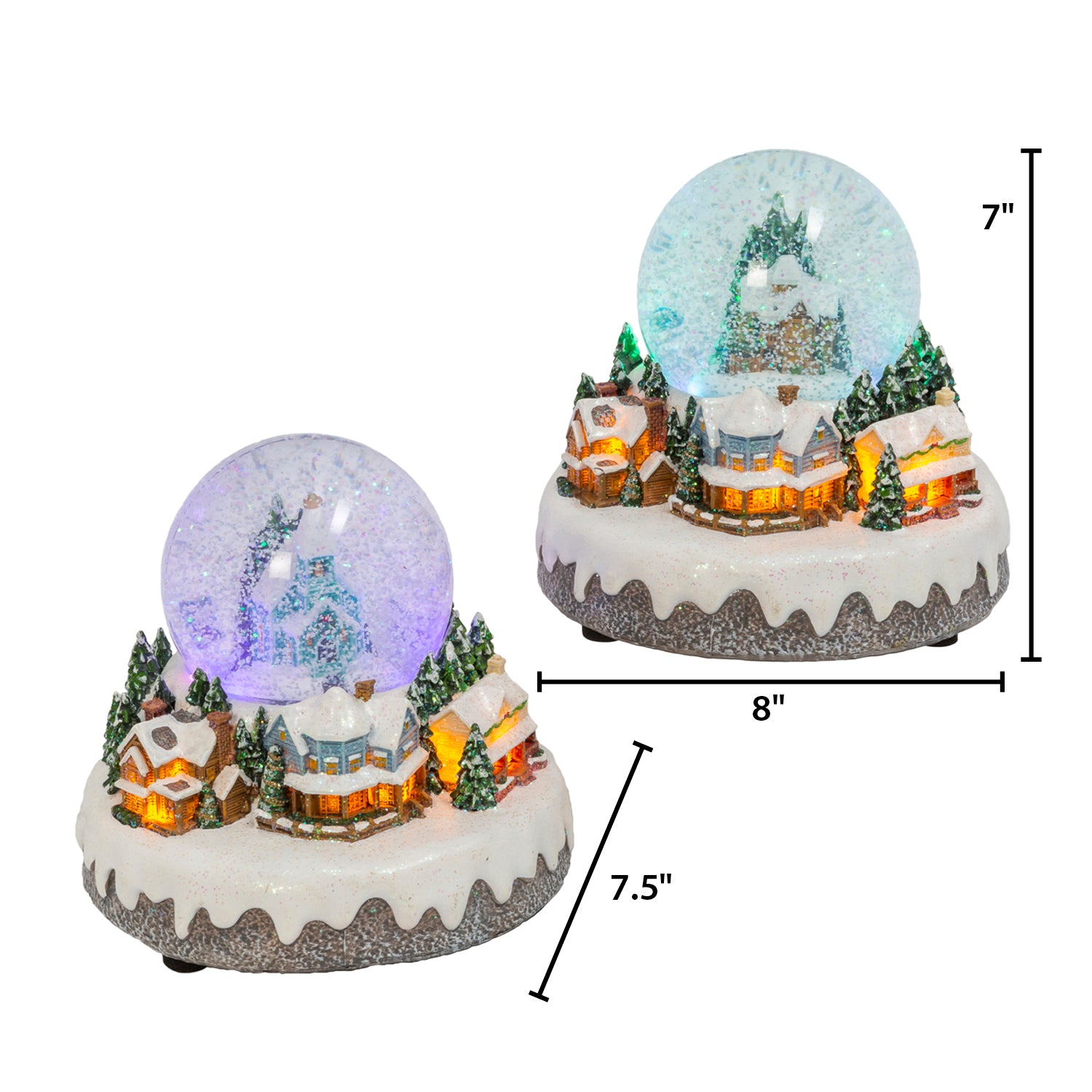 Set of 2 Musical Light Snow globe with Christmas Village Scene