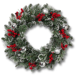 24 Inch Flocked Holiday Wreath with Red Berries and Ornaments