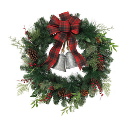32 in Holiday Pine Wreath with Plaid Bow and Silver Bells
