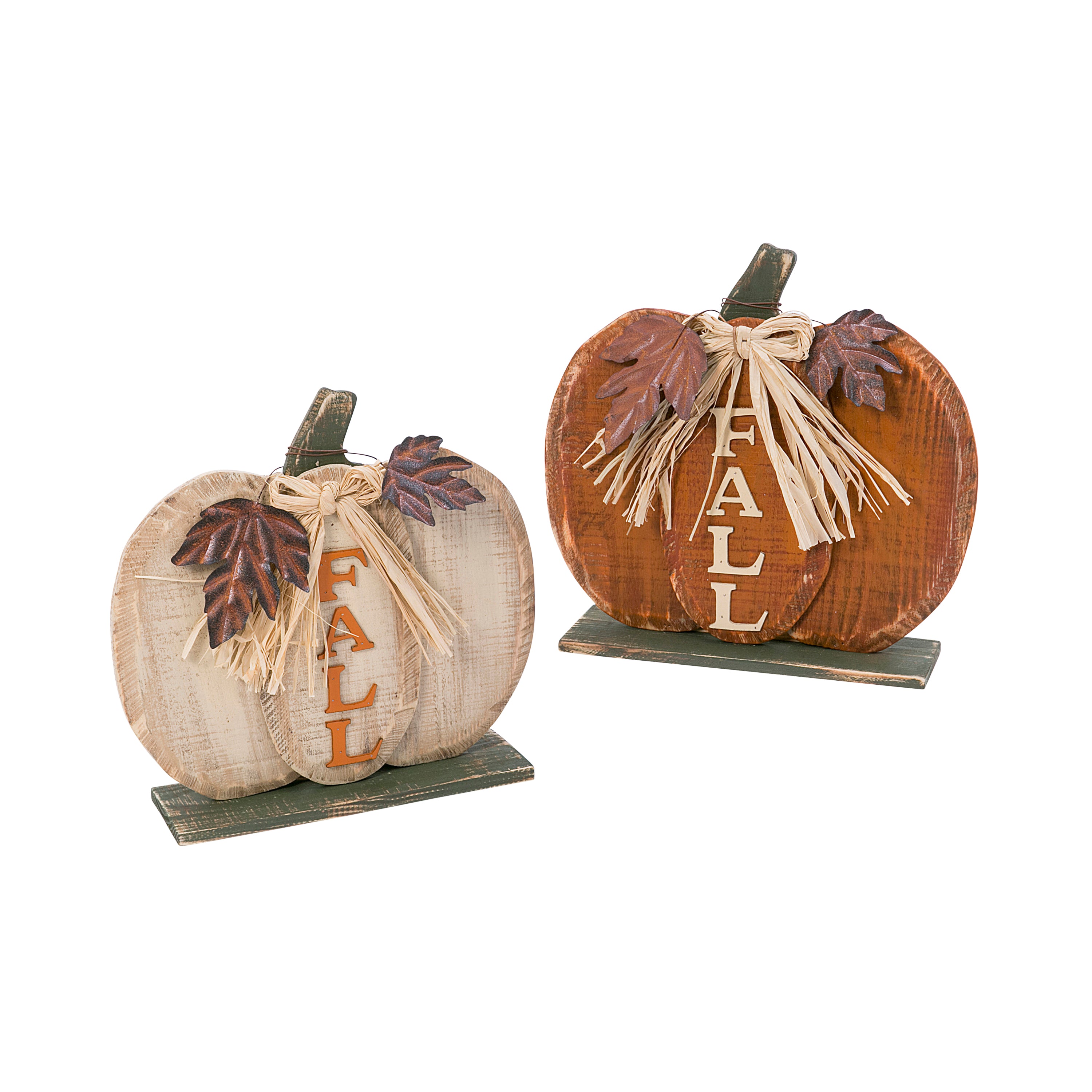 S/2 Wood Harvest Pumpkin/metal leaf/raffia bow