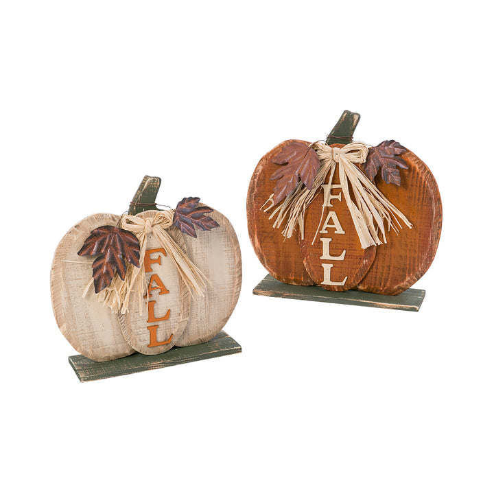 S/2 Wood Harvest Pumpkin/metal leaf/raffia bow