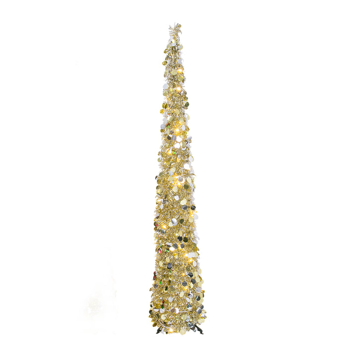 Gold and Silver Tinsel Pop-up Christmas Tree, Prelit 50 LEDs