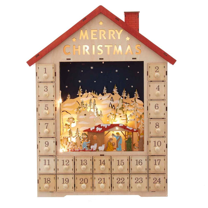 Kurt Adler 19-Inch Battery-Operated Light-Up Advent Calendar House with Nativity Scene