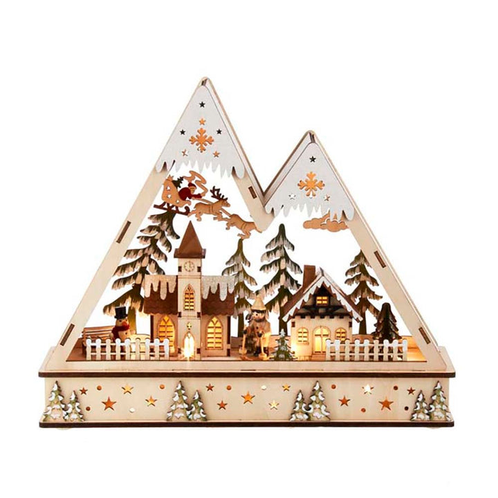 Kurt Adler 11.4-Inch Battery-Operated Wooden Light Up Mountain Village with Santa