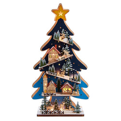 Kurt Adler 23.6-Inch Battery-Operated Light Up Wooden Christmas Tree with Village Scene