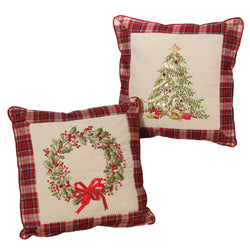 Set of 2 Holiday Wreath and Christmas Tree Throw Pillows Decor