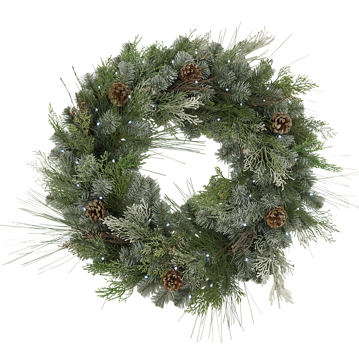 32"D Pre-Lit Snowy Mixed Pine Wreath withPine Cones, Twig & Cedar Accents. 50 Cool White LED Lights.