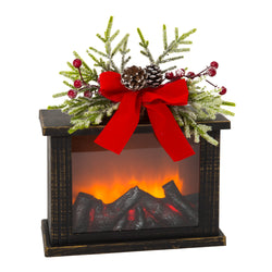 Lighted Christmas Fireplace Lantern with Faux Floral Accent