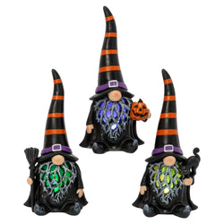 Set of 3 Spooky Lighted Halloween Gnome Witch Figurine , Timer