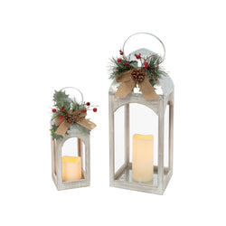 Set of 2 Christmas Holiday Lantern with Floral Accents, LED