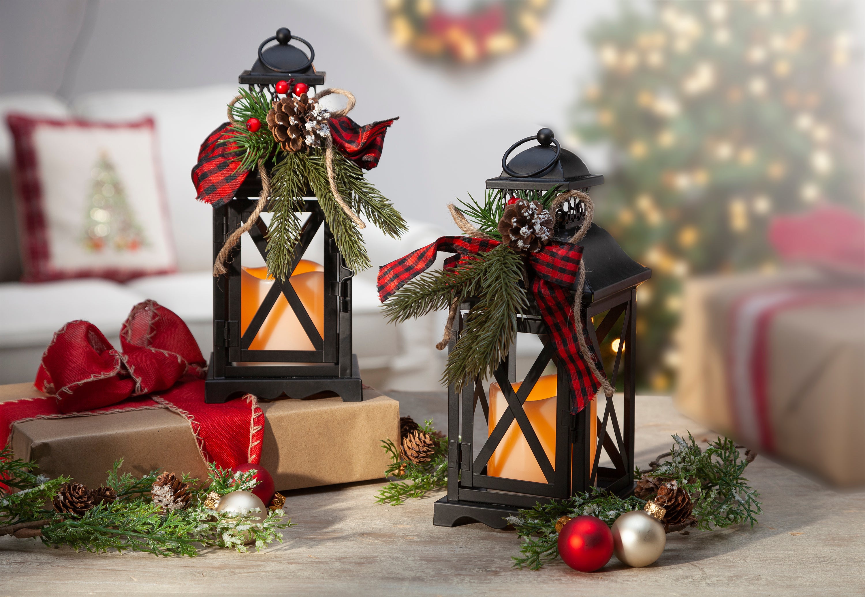 Set of 2 Metal Holiday Lanterns with Candle and Floral Accents