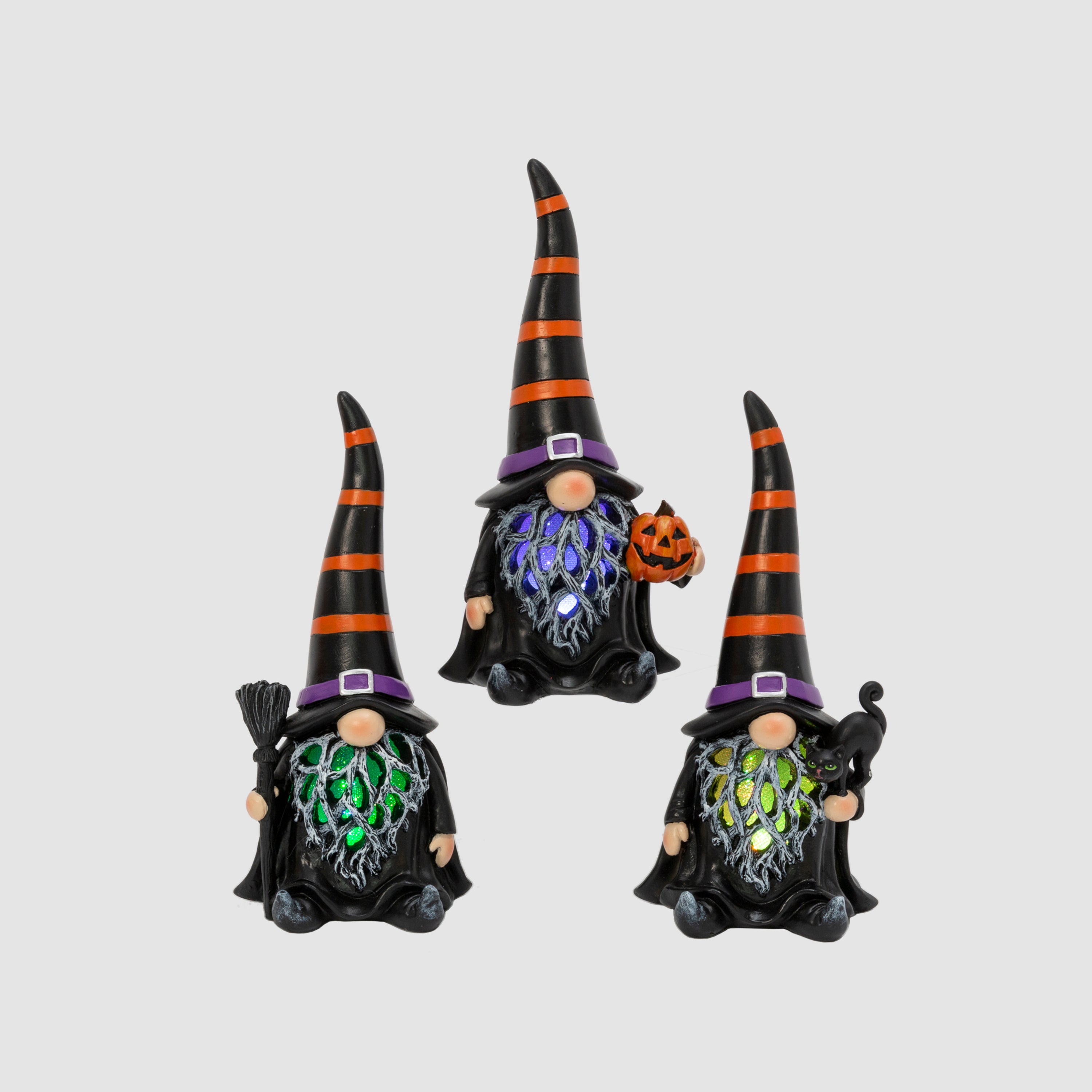 Set of 3 Spooky Lighted Halloween Gnome Witch Figurine , Timer