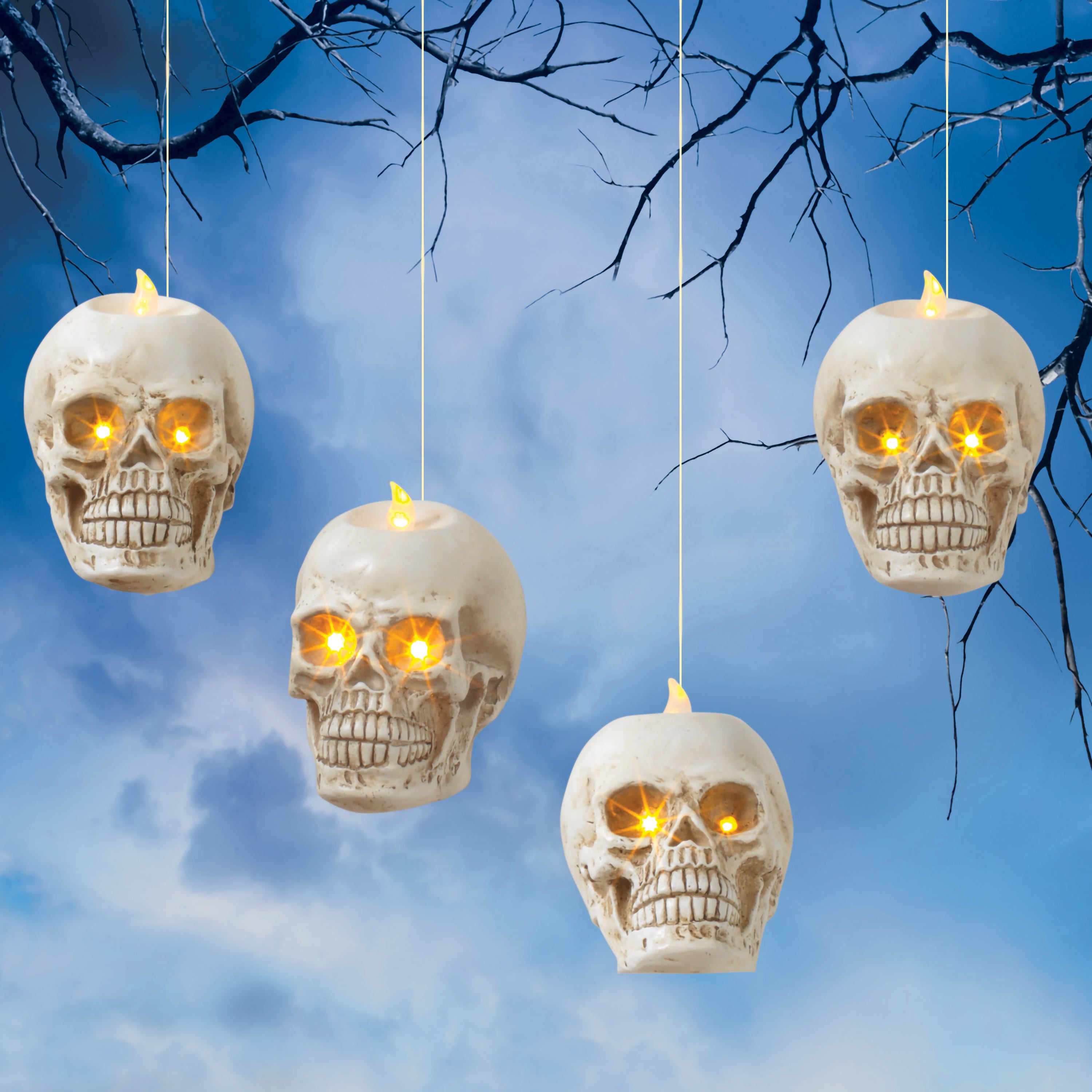 Set of 4 Floating Halloween Skull Candles with Remote, Timer
