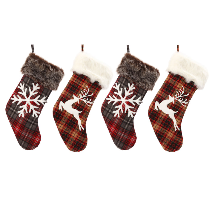 Set of 4 Christmas Holiday Stockings, Faux Fur Buffalo Plaid
