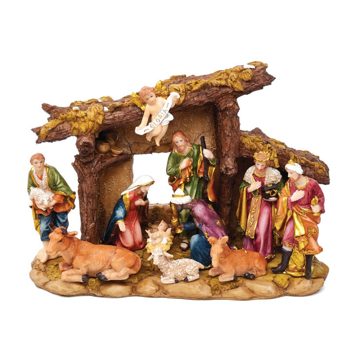 Kurt Adler Resin Nativity Set with Figures and Stable - 11-Piece Set