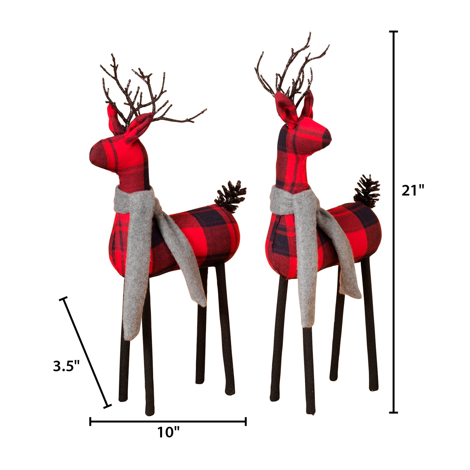 Set of 2 Christmas Holiday Deer Figurines, Red and Black Plaid