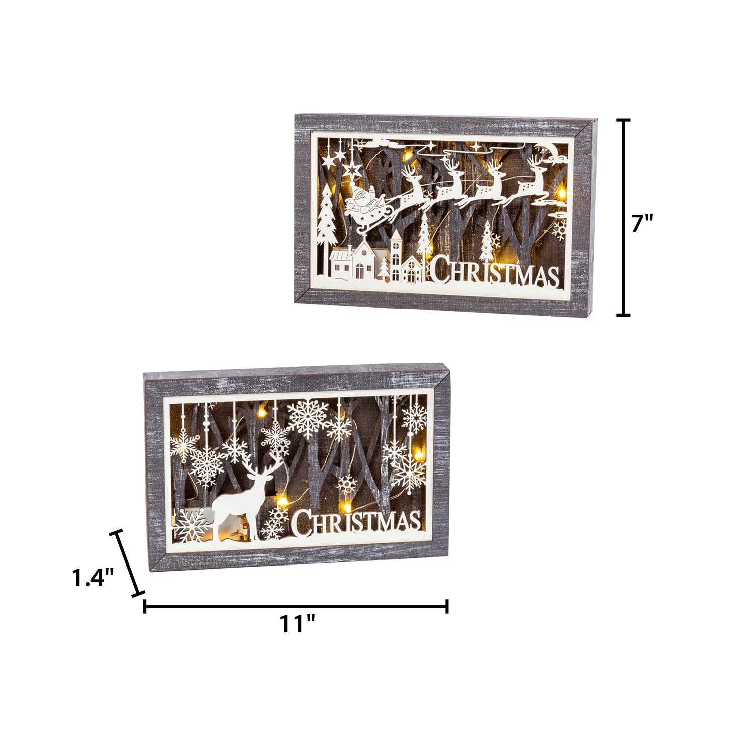 Set of 2 11-in Battery- Operated Lighted Laser Cut Wood Holiday Scene Wall Decor