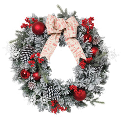 24 in Flocked Holiday Wreath with Bow, Berries and Ornaments