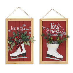 Set of 2 Red Christmas Holiday Decor Wall Signs with Faux Pine