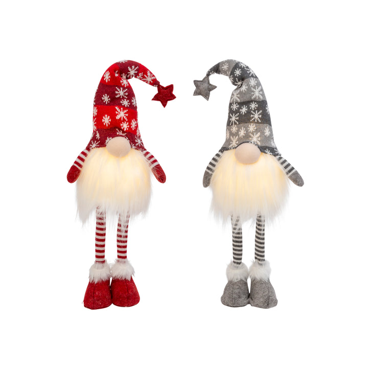 Set of 2 Christmas Lighted Gnome Figurines, Silver and Red