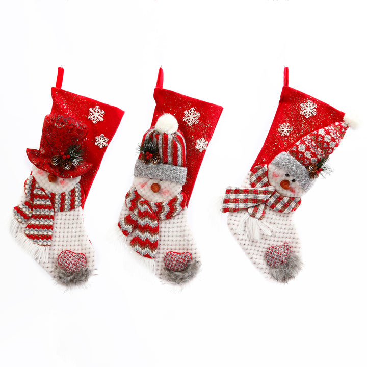 Set of 3 Christmas Holiday Stockings, Traditional Snowman Decor