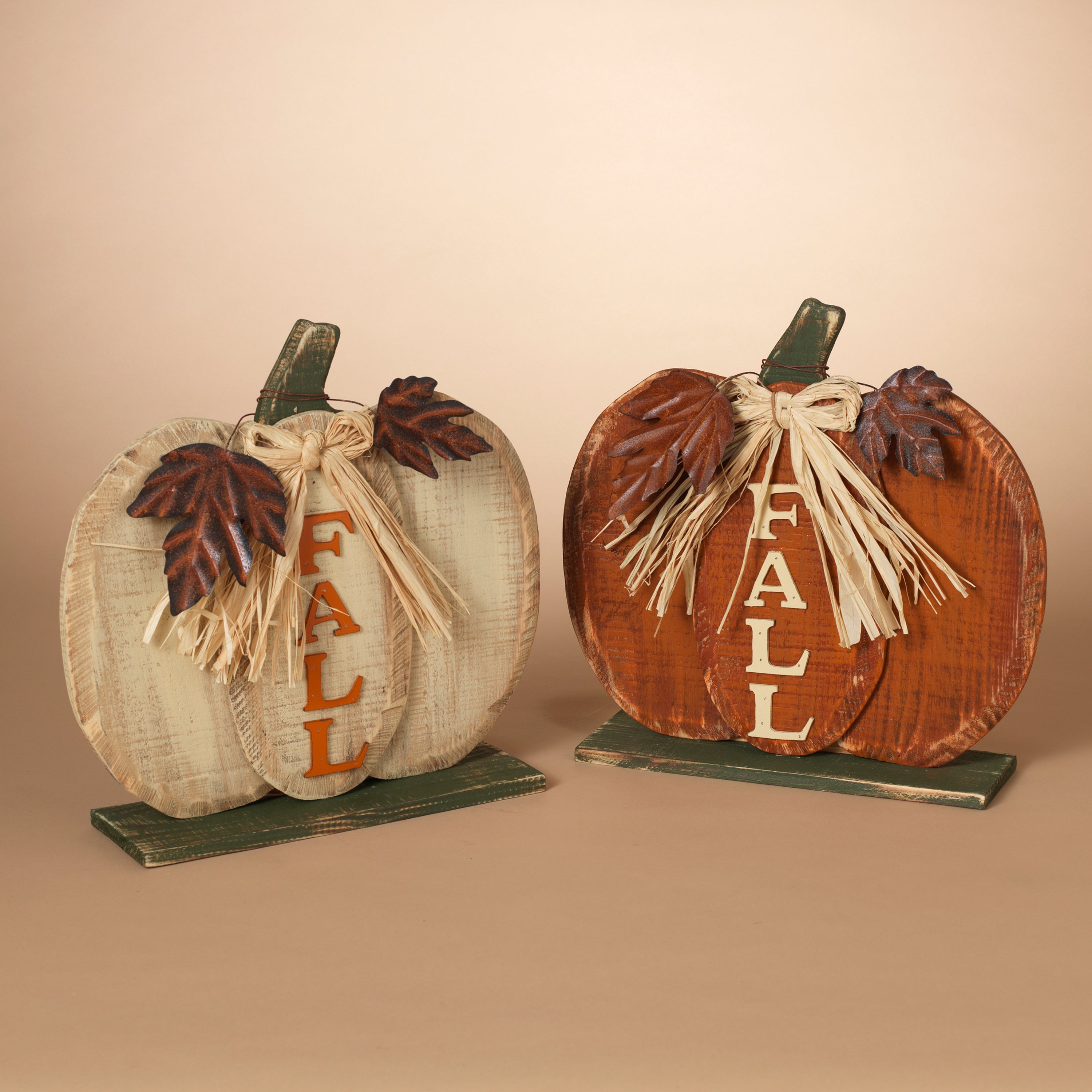 S/2 Wood Harvest Pumpkin/metal leaf/raffia bow