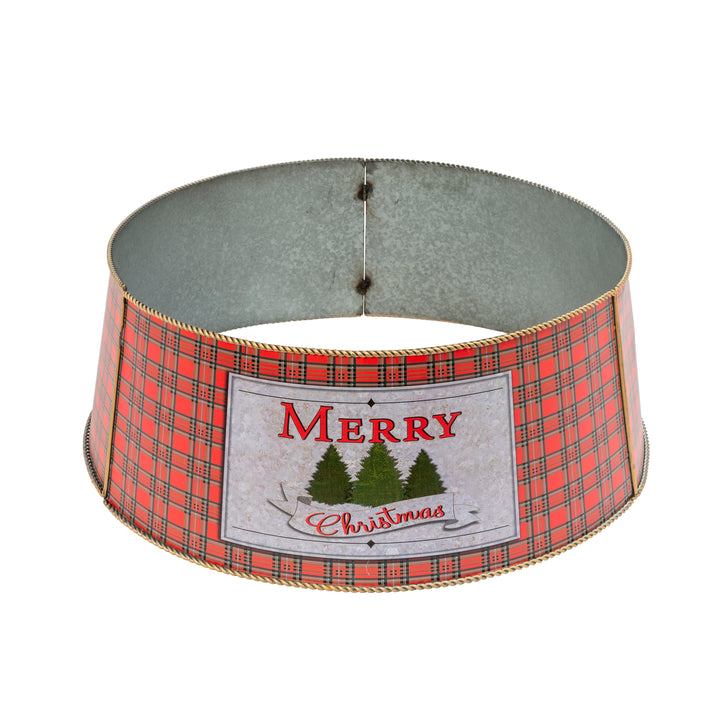 Galvanized Metal Merry Christmas Buffalo Plaid Tree Collar