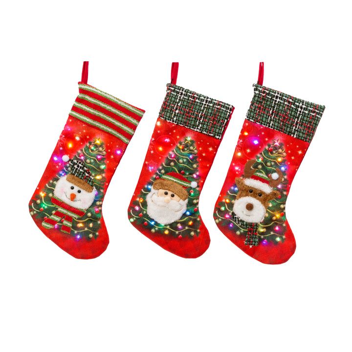 Set of 3 Lighted Christmas Stockings, Traditional Holiday Decor