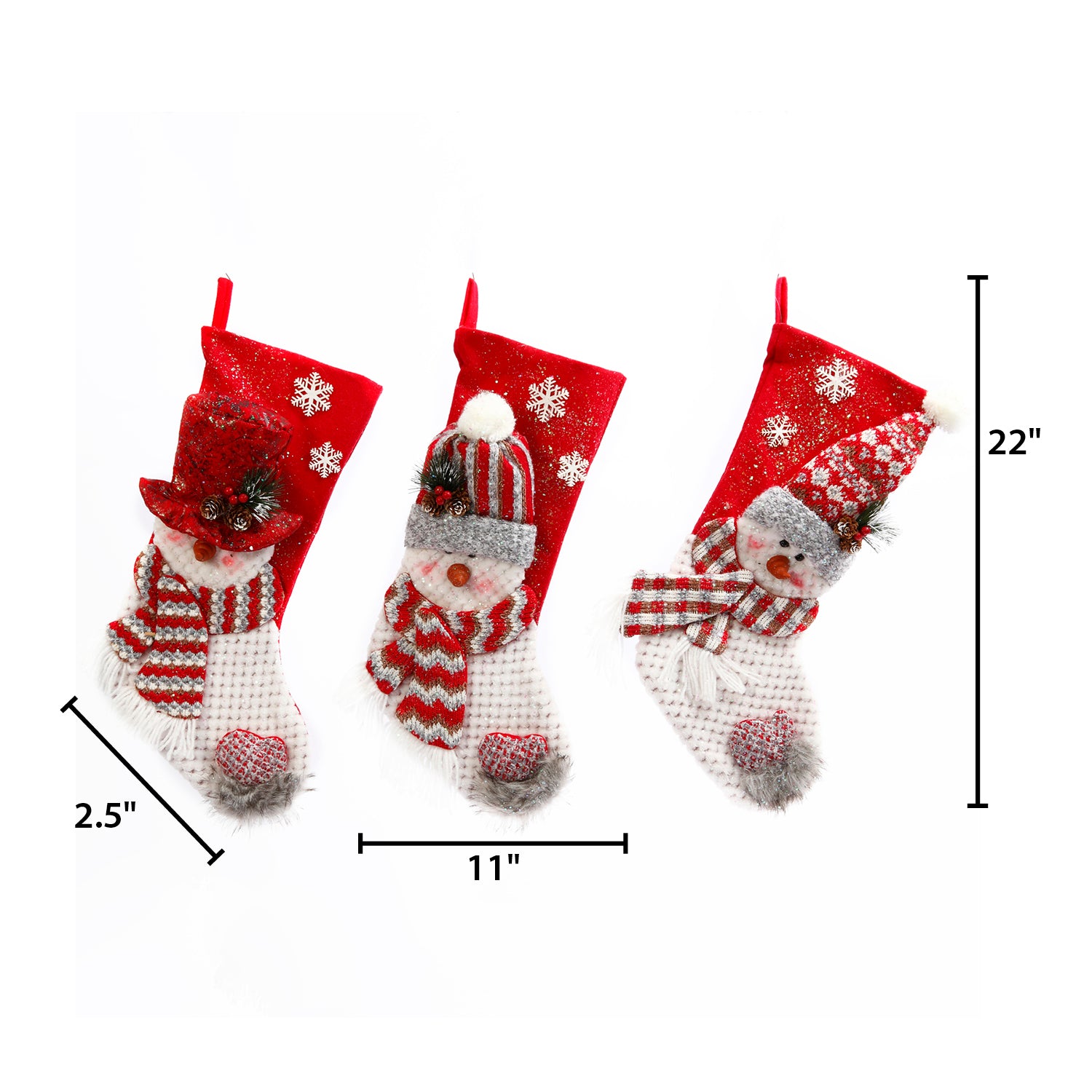 Set of 3 Christmas Holiday Stockings, Traditional Snowman Decor