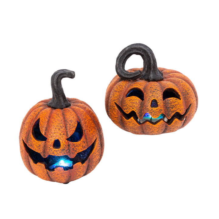 Set of 2 Spooky Halloween Lighted  Jack o Lantern Resin Decor