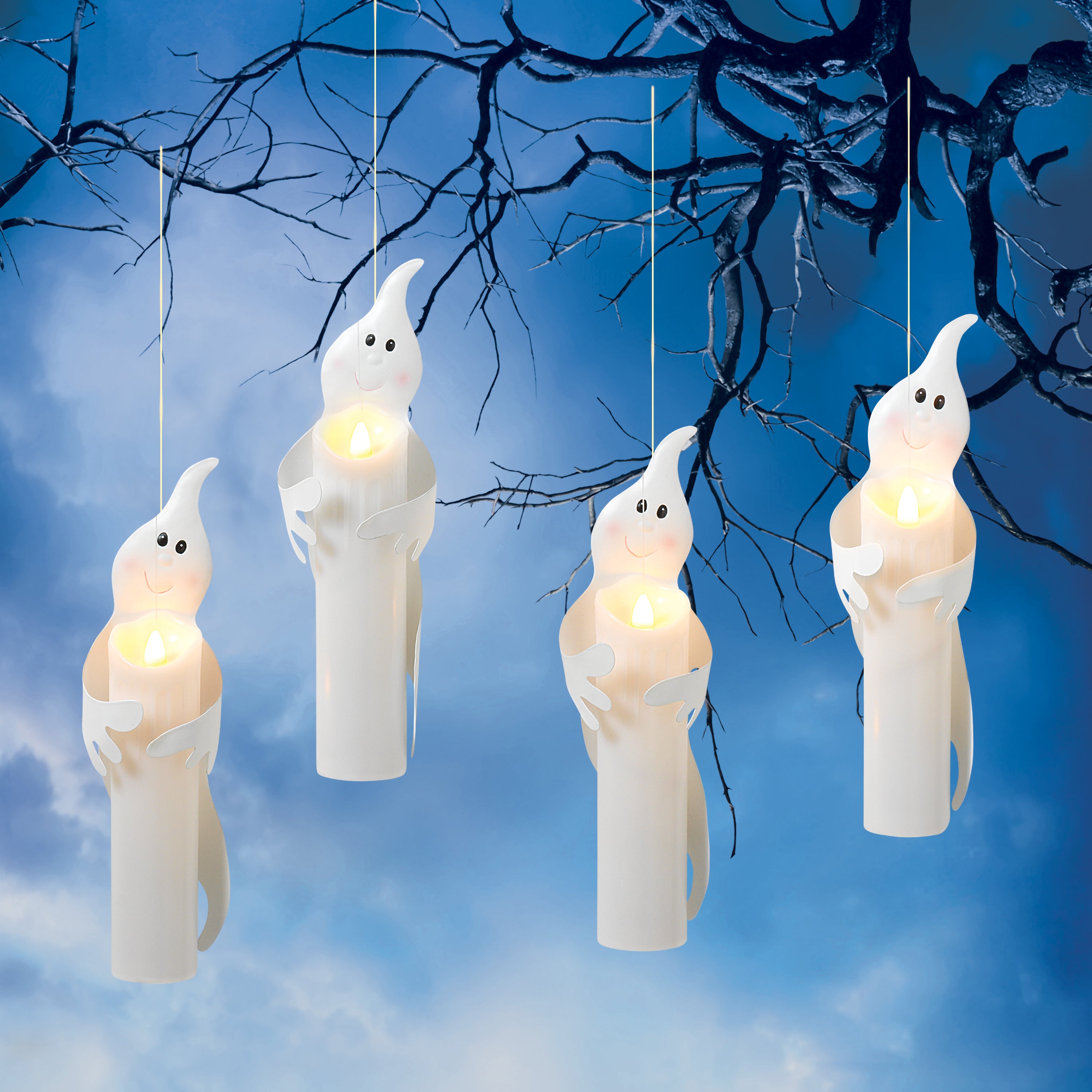 Set of 4 Floating Halloween Ghost Candles with Remote, Timer