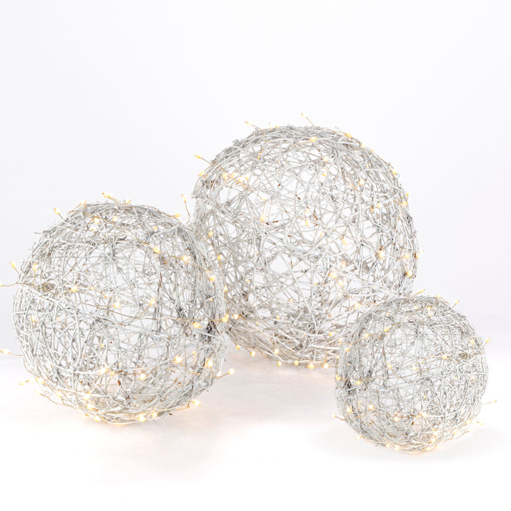 Set of 3 White Modern Organic Vine Balls, Battery Operated LED