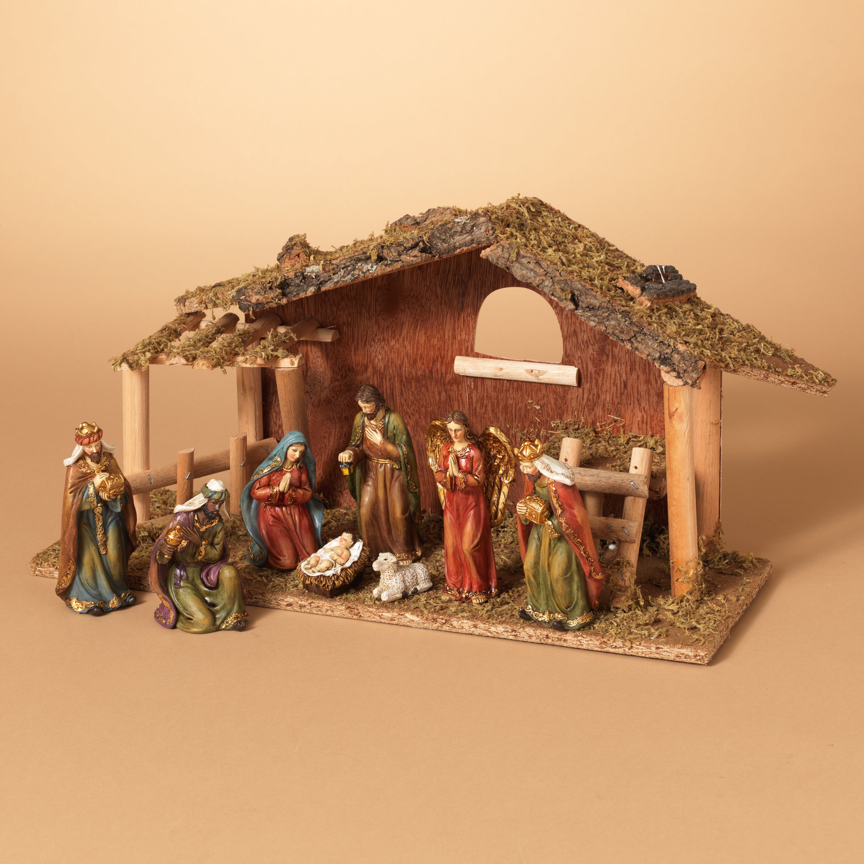 9 Piece 15.25-Inch-Long Resin Nativity Scene with Moss Stable