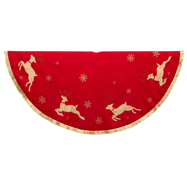 Kurt Adler 54-Inch Red and Tan Patchwork Reindeer Running Tree Skirt