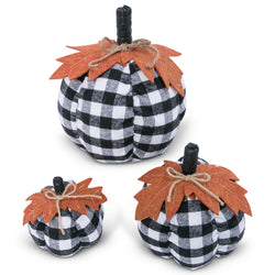 Set of 3 Assorted Sized Fabric Black and White Plaid Pumpkins Harvest Decor with Leaf Accent